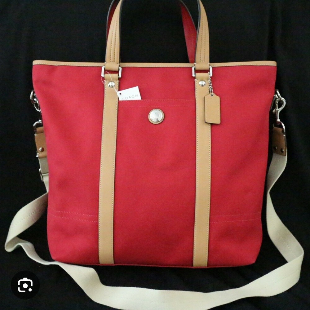 COACH VOYAGER RED AND TAN CANVAS TOTE BAG